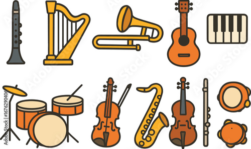Music instrument outline icon set. orchestra, band symbols in outline style