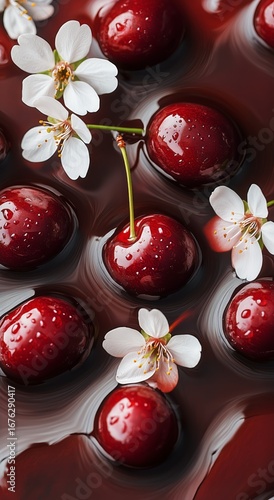 Cherries and Blossoms Submerged in Rich Chocolate, Showcasing a Sweet Culinar...