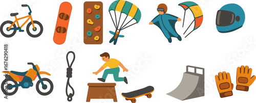 Extreme sports flat icon set: parachuting, skateboarding, biking icons collection