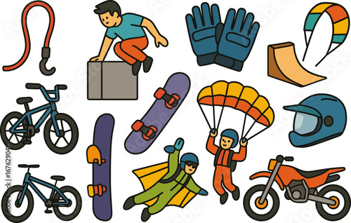 Extreme sports icon set. skateboarding, cycling, paragliding icons flat collection