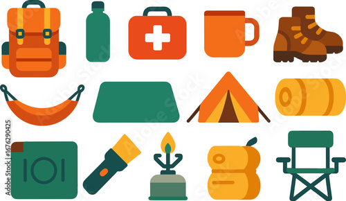 Camping and outdoor flat icon set. adventure, hiking, travel symbols collection
