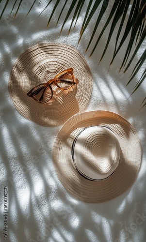 Sun Hat and Sunglasses Resting on Soft Fabric With Palm Shadows in a Bright I...