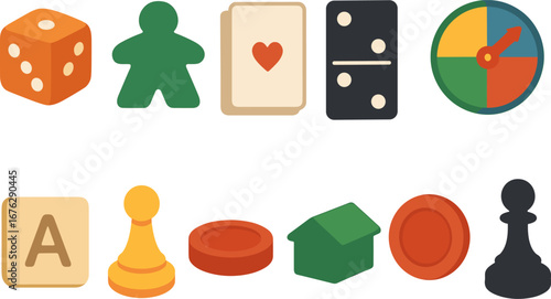 Board game flat icon set. chess, cards, dice, and more for gaming enthusiasts