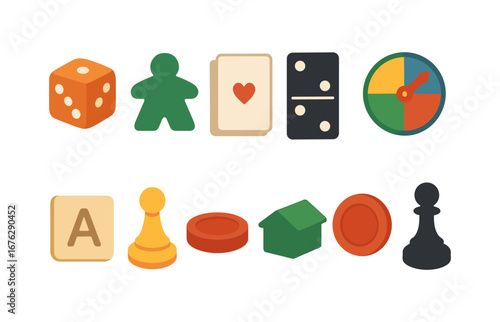 Board game flat icon set. dice, card, domino, pawn, spinner symbols collection