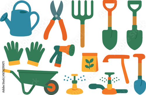 Gardening tools flat icon set. planting, watering, horticulture visuals collection