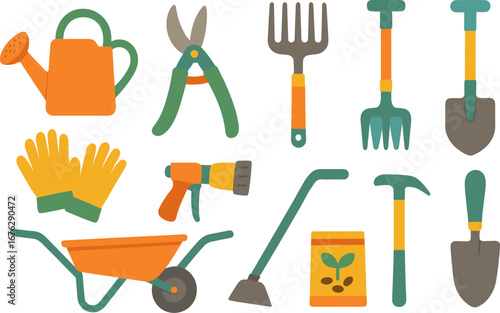 Gardening tools icon set. flat garden equipment icons collection for landscaping