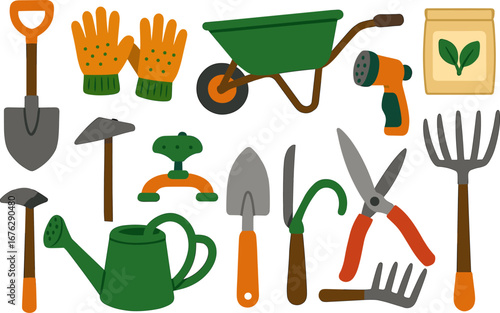 Gardening tools flat icon set. essential outdoor equipment in a flat illustrated style