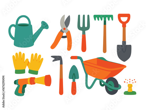 Garden tools flat icon set. shovel, rake, wheelbarrow, hose, gardening tools