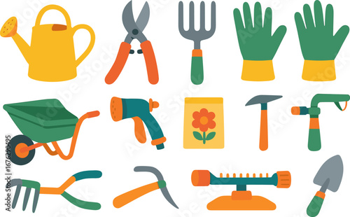 Gardening tools icon set. flat garden, farming, equipment, agriculture icon collection