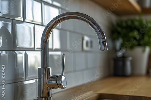 Modern Faucet in Stylish Kitchen With Wooden Countertop and Elegant Backsplash