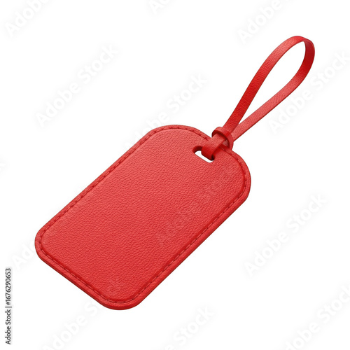 Bright red luggage tag with attached red ribbon loop against a deep background transparent background