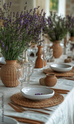 Elegant Outdoor Dining Setup With Lavender Centerpieces in a Serene Garden.