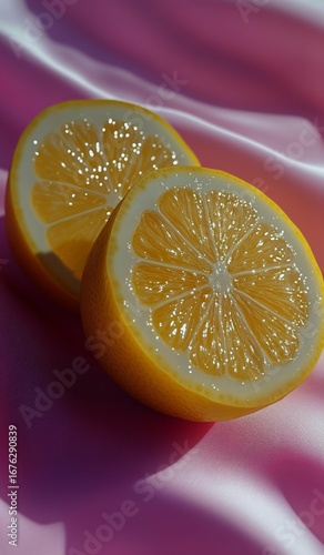 Freshly Cut Lemons on a Smooth Pink Surface Glisten Under Soft Light During a...