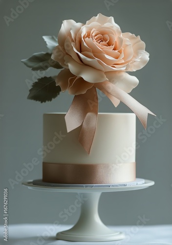 Elegant Wedding Cake Adorned With a Soft Rose and Satin Ribbon in a Serene Se...