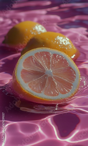 Fresh Lemons Float on Vibrant Pink Water Creating a Colorful Summer Vibe