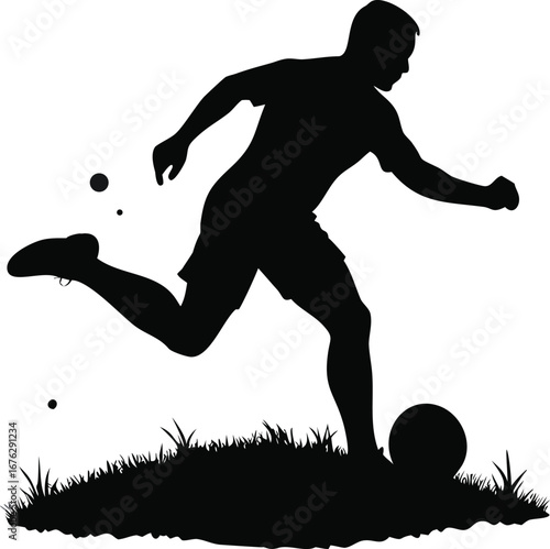 Dynamic silhouette of soccer player kicking ball on grassy field action shot silhouette