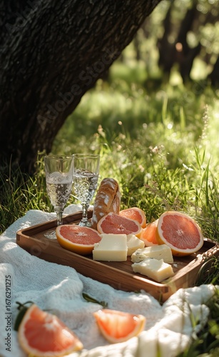 Cheese and Fruit Picnic Spread on a Sunny Day in a Grassy Park Setting.