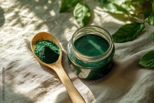 Green Spirulina Powder in Glass Jar With Wooden Spoon on Fabric Background.