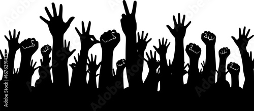 Many hands silhouettes, Raised hands vector silhouettes