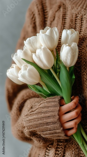 Holding a Bouquet of White Tulips in a Cozy Knit Sweater During a Calm Indoor...
