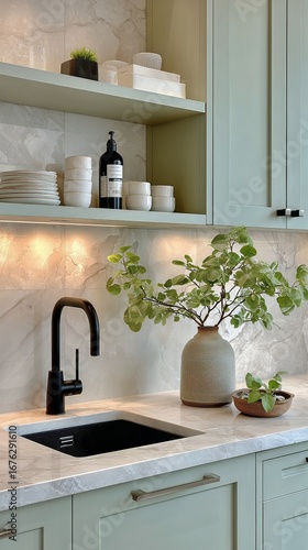 Modern Kitchen With Elegant Design Showcasing Stylish Plants and Minimalist D...