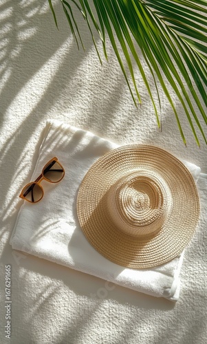 Relaxing Beach Essentials With Hat and Sunglasses on a Sunny Day