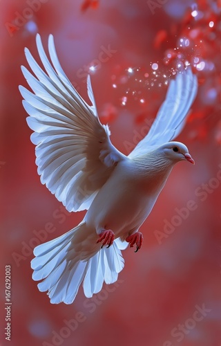Elegant White Dove in Flight Against a Vibrant Red Backdrop During Daylight