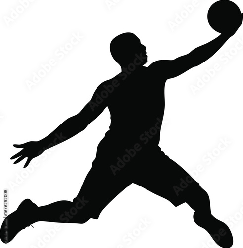 Dynamic silhouette of a basketball player soaring for a slam dunk mid-air action shot silhouette