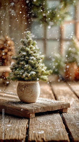 Festive Winter Decoration Featuring a Small Christmas Tree and Snowflakes in ...
