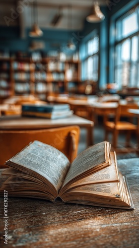 Open Book on a Wooden Table in a Quiet Library With Wooden Chairs and Shelves...