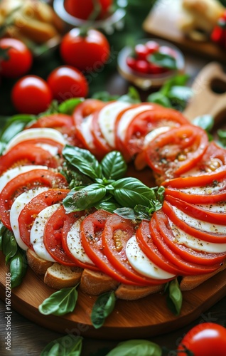 Fresh Tomato and Mozzarella Salad Served With Basil on Wooden Platter in Brig...