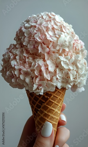 Floral Dessert Creation With a Unique Ice Cream Cone Topped With Cream-Colore...