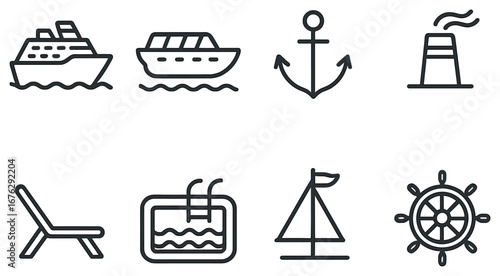 Nautical linear icon set. featuring cruise, yacht, anchor, lighthouse, deckchair, pool, sailboat, helm