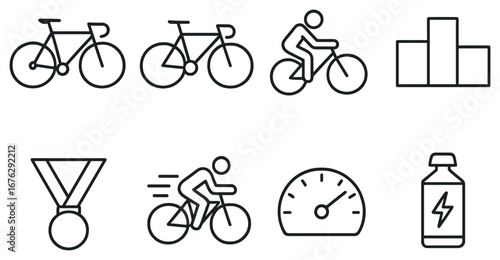 Cycling linear icon set. featuring bicycle, cyclist, podium, medal, speedometer, and energy drink symbols
