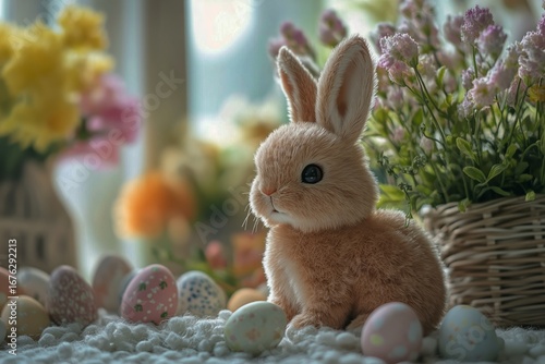 Decorative Spring Scene Featuring a Cute Rabbit With Easter Eggs and Flowers.