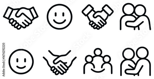 Communication linear icon set. featuring handshake, smiley face, collaboration, and partnership symbols