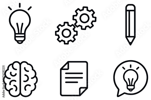 Business and creativity linear icons set. featuring lightbulb, gears, pencil, brain, document, and speech bubble