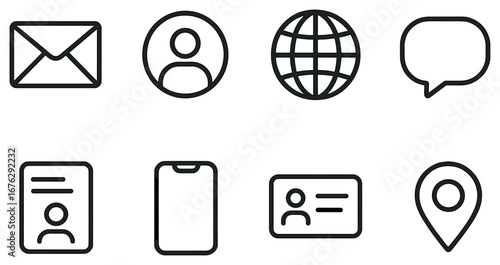 Communication and identification linear icon set. featuring email, user, globe, chat, document, badge, id, and location