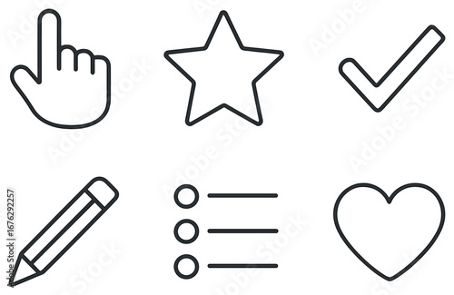 Basic ui linear icon set. featuring cursor, star, checkmark, pencil, list, and heart symbols