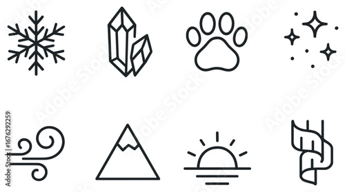 Nature and outdoor linear icon set. featuring snowflake, crystal, paw print, stars, wind, mountain, sunset, leaf symbols