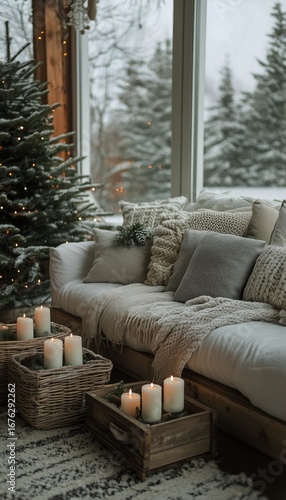 Cozy Living Room With Candles and a Christmas Tree During a Snowy Day