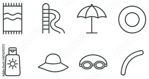 Summer activities linear icon set. featuring towel, waterslide, umbrella, float, sunscreen, hat, goggles, frisbee