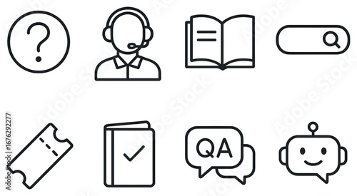 Customer support linear icon set. featuring help, headset, book, search, ticket, checklist, qa, and robot