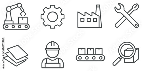 Industrial linear icon set. featuring conveyor, gear, factory, tools, materials, worker, boxes, and magnifying glass