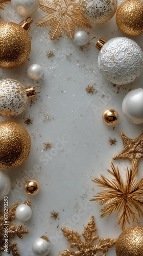 Elegant Gold and White Christmas Decorations Arranged on a Light Background f...