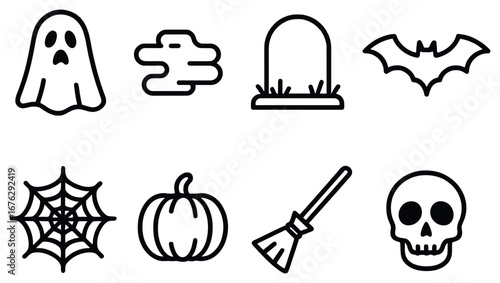 Halloween spooky linear icon set. featuring ghost, fog, tombstone, bat, spiderweb, pumpkin, broomstick, skull