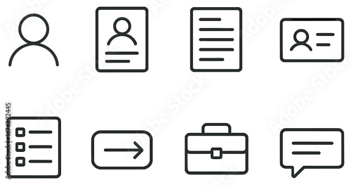 Business essentials linear icon set. featuring profile, resume, document, id card, checklist, arrow, briefcase, chat.