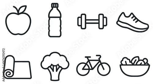 Healthy lifestyle linear icon set. featuring apple, water bottle, dumbbell, running shoe, yoga mat, broccoli, bicycle, salad