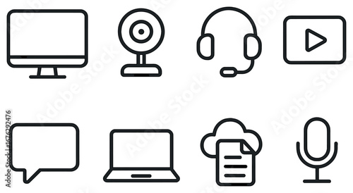 Communication technology linear icon set. featuring computer, webcam, headphones, video, chat, laptop, cloud, microphone