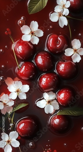 Bright Red Cherries and White Flowers Floating in Dark Liquid With Droplets i...